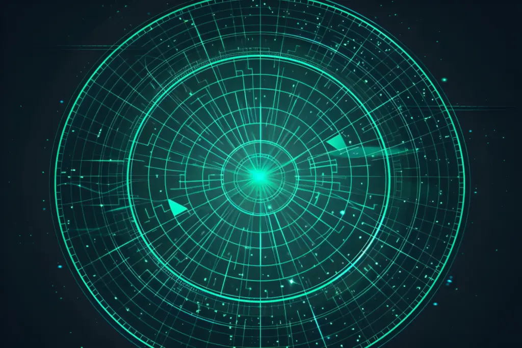 Futuristic teal radar screen with concentric circles, grid lines, and a glowing center on a dark background.