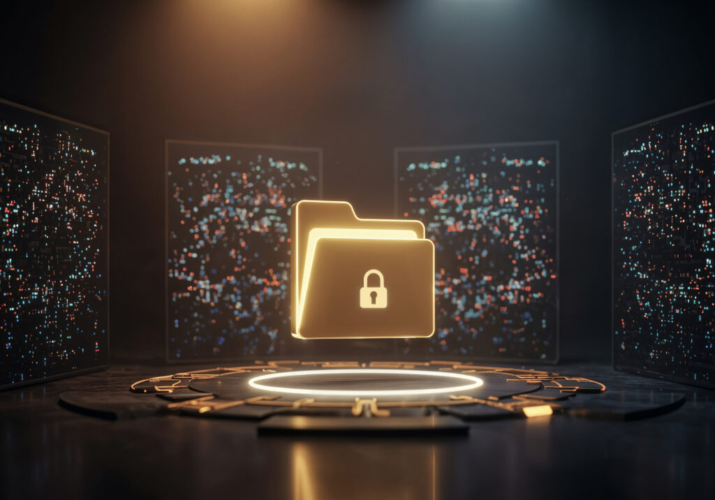 Glowing folder with a lock icon surrounded by neon rings in a dark data-center-like room, symbolizing data security.